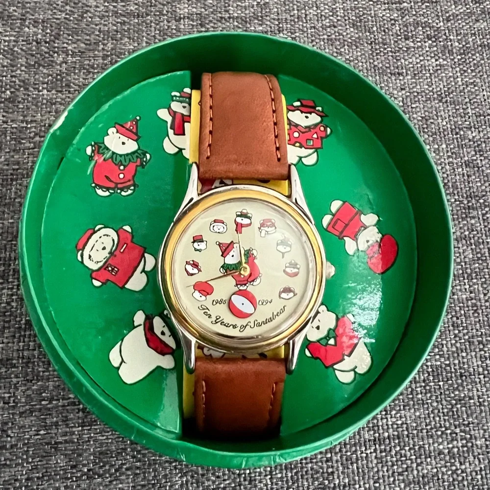 Fossil Vintage Santabear Watch 1994 Ten Years Brown Band Silver Gold NO BATTERY